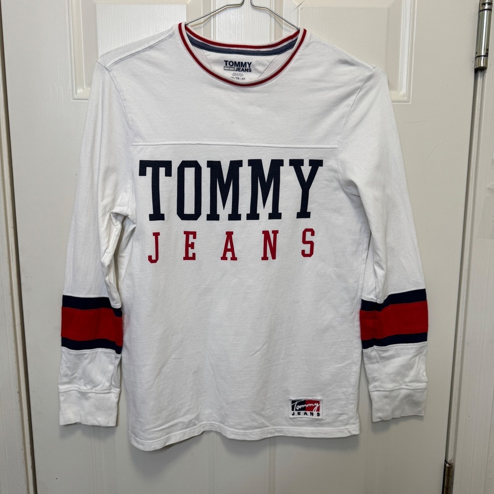 Tommy Jeans Mens Long‎ Sleeve Tee XS White Logo Stripe Athletic Retro Streetwear